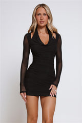 Dusky Floral Long Sleeve Mesh Mini Dress Black