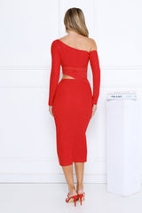 More To Want Long Sleeve Mesh Midi Dress Red