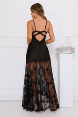 Outgoing Satin Lace Maxi Dress Black