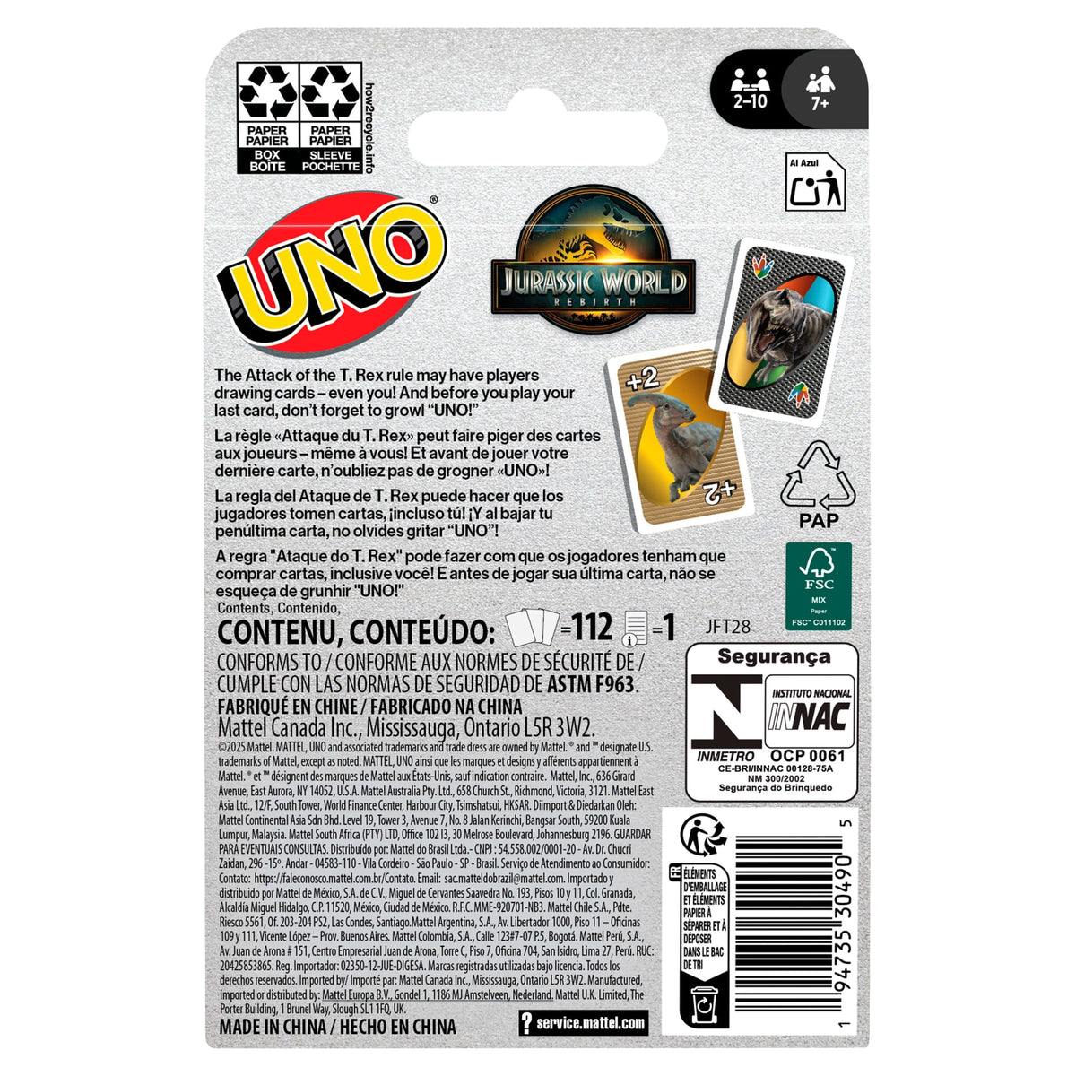 Uno-Jeu de Cartes Jurassic World Renaissance-Pour Toute La Famille