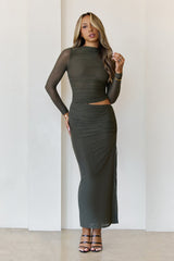 Own It Always Mesh Long Sleeve Maxi Dress Khaki