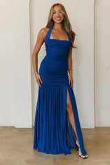 Evelyn Luxe Mesh Halter Maxi Dress Teal