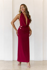 Silk Essence Halter Maxi Dress Burgundy