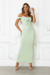 Stepping Back Off Shoulder Mesh Maxi Dress Sage