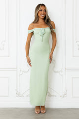Stepping Back Off Shoulder Mesh Maxi Dress Sage