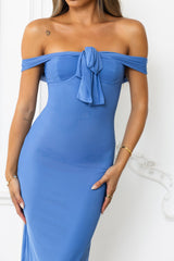 Stepping Back Off Shoulder Mesh Maxi Dress Blue