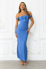 Stepping Back Off Shoulder Mesh Maxi Dress Blue