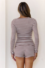 BASE Luxe Rib Boat Neck Long Sleeve Top Brown Stripe