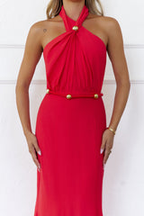 Gilded Dusk Halter Maxi Dress Coral