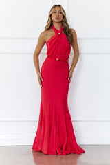 Gilded Dusk Halter Maxi Dress Coral