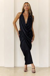 Midnight Petals Halter Maxi Dress Black