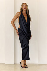 Midnight Petals Halter Maxi Dress Black