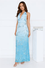 Shine Society Embellished Halter Maxi Dress Blue