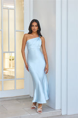 Graceful Elegance One Shoulder Satin Maxi Dress Light Blue