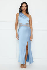 Show You Love One Shoulder Satin Maxi Dress Blue