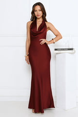 Cherry Whirl Satin Halter Maxi Dress Burgundy