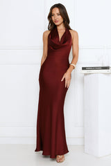 Cherry Whirl Satin Halter Maxi Dress Burgundy