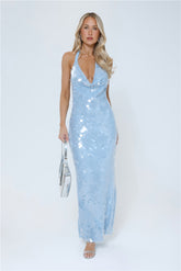 Oceanic Sequin Halter Maxi Dress Blue