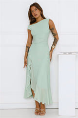 Effortless Girl Off Shoulder Mesh Midi Dress Sage
