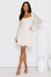 Full Time It Girl Long Sleeve Mini Dress Beige