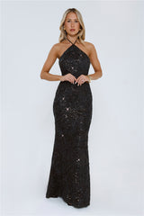 The Sparkling Muse Sequin Halter Maxi Dress Black