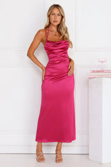 Shimmer Society Satin Maxi Dress Magenta