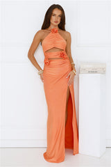 Botanical Muse Halter Maxi Dress Peach