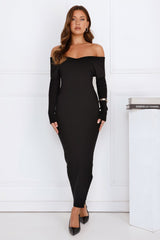Off Duty Runway Ribbed Off Shoulder Maxi Dress Black