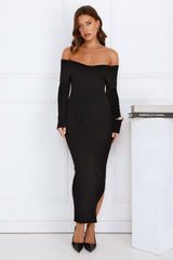 Off Duty Runway Ribbed Off Shoulder Maxi Dress Black