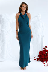 Hot Girl Soirée Halter Satin Midi Dress Teal