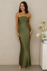 The Seraphina Strapless Satin Maxi Dress Olive