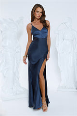 Silver Moonlight Satin Maxi Dress Navy