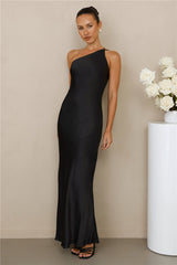 The Evangeline One Shoulder Satin Maxi Dress Black