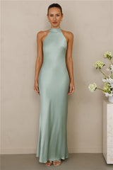 The Cleo Halter Satin Maxi Dress Sage