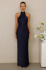 The Cleo Halter Satin Maxi Dress Navy