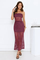 Crystal Veil Lace Strapless Maxi Dress Plum