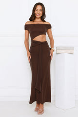 Old Love Letter Off Shoulder Maxi Dress Brown