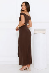 Old Love Letter Off Shoulder Maxi Dress Brown