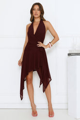 Cherry Petal Kiss Halter Midi Dress Burgundy
