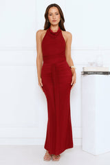 Night Tease Halter Mesh Maxi Dress Burgundy