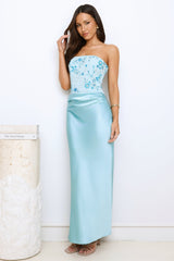 Dazzle On Demand Strapless Satin Maxi Dress Blue