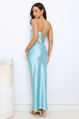 Dazzle On Demand Strapless Satin Maxi Dress Blue