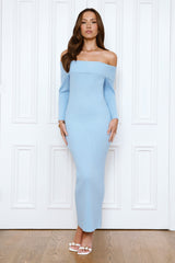 Chilled Luxe Off Shoulder Knit Maxi Dress Blue