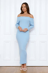 Chilled Luxe Off Shoulder Knit Maxi Dress Blue