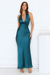 Spiced Sunset Satin Halter Maxi Dress Green