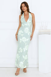 Lime Light Mesh Halter Maxi Dress Sage