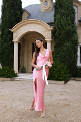 The Loretta Cowl Satin Maxi Dress Candy