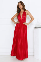 Shimmering Sea Pleated Halter Maxi Dress Red