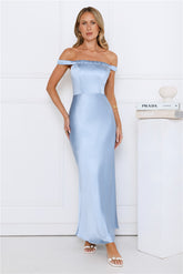 Formal Hourglass Off Shoulder Satin Maxi Dress Blue