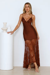 Pose For Me Lace Satin Maxi Dress Brown
